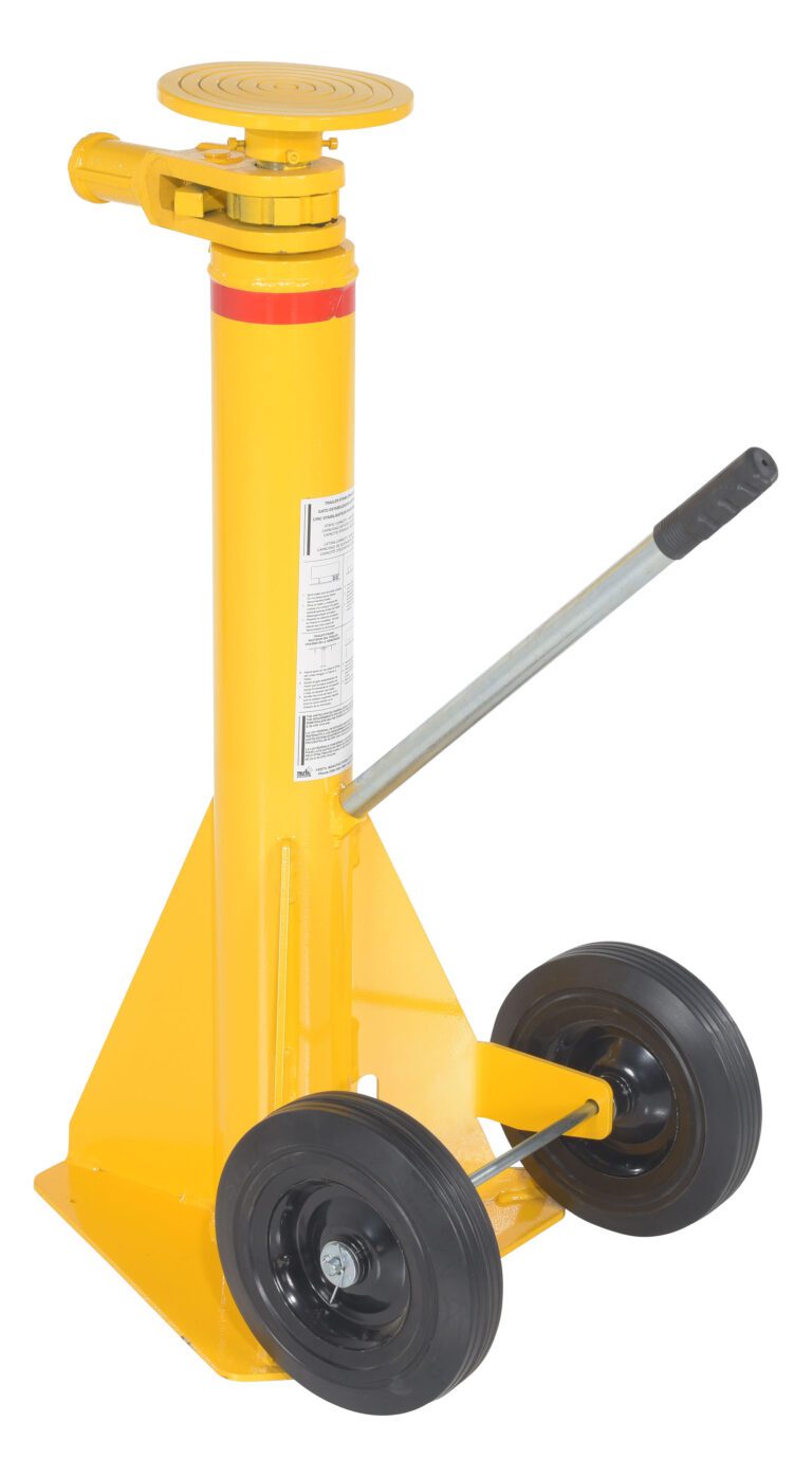 LO-J-100_A.jpg The Vestil Trailer Stabilizing Ratchet Jack 50K features a bright yellow finish, two black wheels for mobility, and a long handle with a black grip, making it perfect for securely stabilizing and positioning trailers.