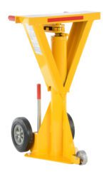 The Vestil Trail Stabilizing Ratchet Beam Jack 50K features a yellow triangular frame with large wheels for easy mobility, a small stabilizing wheel, and a red handle. Its adjustable center column makes it the ideal hydraulic jack stand solution.
