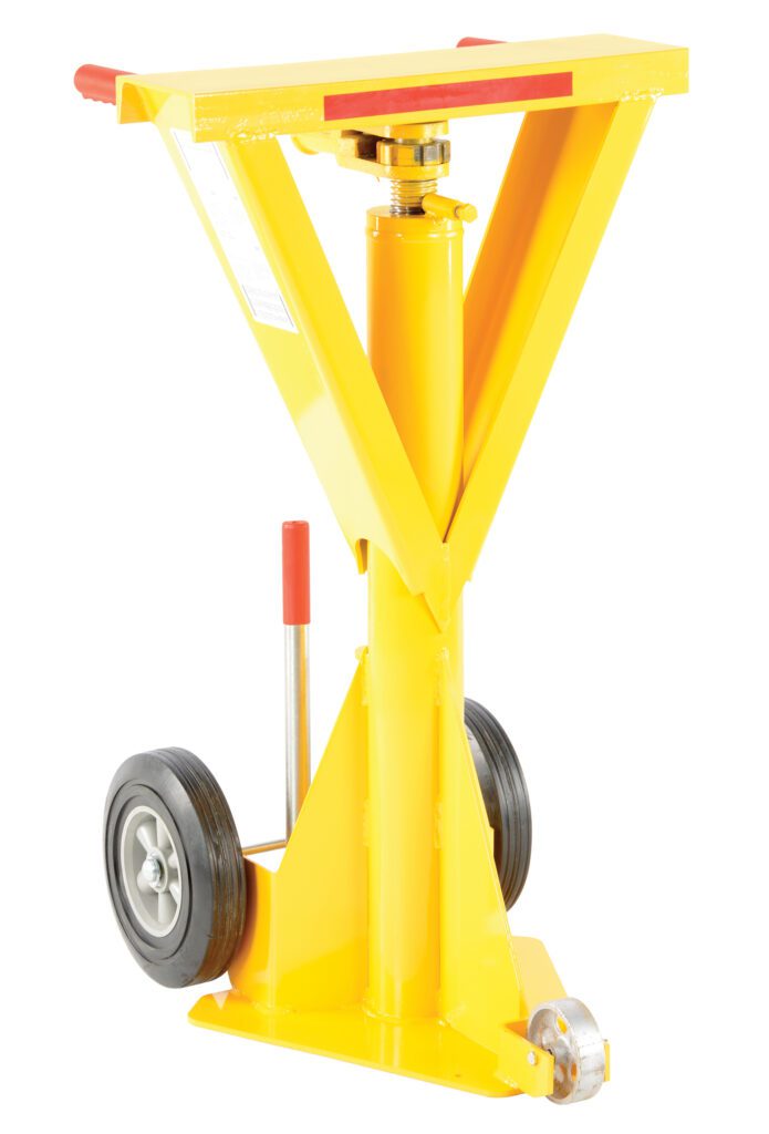 The Vestil Trail Stabilizing Ratchet Beam Jack 40K features a yellow hydraulic system with a Y-shaped support structure, two wheels for mobility, and a red handle, boasting sturdy industrial design for heavy-duty lifting.