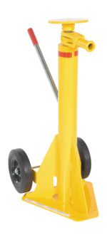 The Vestil Trailer Stabilizing Ratchet Jack 40K is a yellow hydraulic jack featuring two black wheels, a long metal handle with a red grip, and a triangular base for stability. Its round platform ensures effortless lifting of heavy objects.