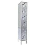 The Vestil Locker-Ss 6 Row 1 Column 12 X 18 X 78 features eight compartments with handles and ventilation slots, standing on short legs against a plain white background.