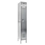 The Vestil Locker-Ss, 78 inches tall with a stainless steel finish, features a vented door and secure handle. Designed with four sturdy legs, it offers a sleek, industrial look ideal for storage in gyms, schools, or workplaces.