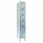 The Vestil Locker-Ss 6 Row 1 Column 18 X 18 X 78 features six separate compartments with handles and label holders, standing tall on four short legs. Its shiny metallic silver finish adds an elegant touch.