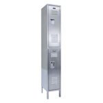 The Vestil Locker-Ss 2 Row 1 Column 18 x 18 x 78 is a tall, elegant silver locker with two compartments. It features ventilation slats and handles on each door and stands gracefully on four legs, making it the perfect solution for your organization needs.