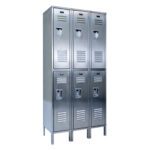The Vestil Locker-Ss features six stainless steel lockers in a 2x3 layout with vented doors, handles, and nameplate holders, all elegantly standing on short legs.