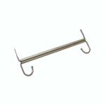 The Vestil Locker Coat Rod - 18 In Wide boasts a sleek metal bar featuring two outward-curving hooks on each end, ideal for hanging items. Its cylindrical design and metallic finish provide a striking contrast against the plain white background.