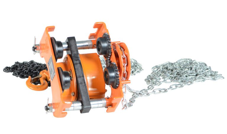 The Vestil Low Headroom Chain Hoist Trolley Gear 1K boasts a heavy-duty orange design with black wheels and metal chains, engineered for lifting loads up to 1,000 pounds efficiently.