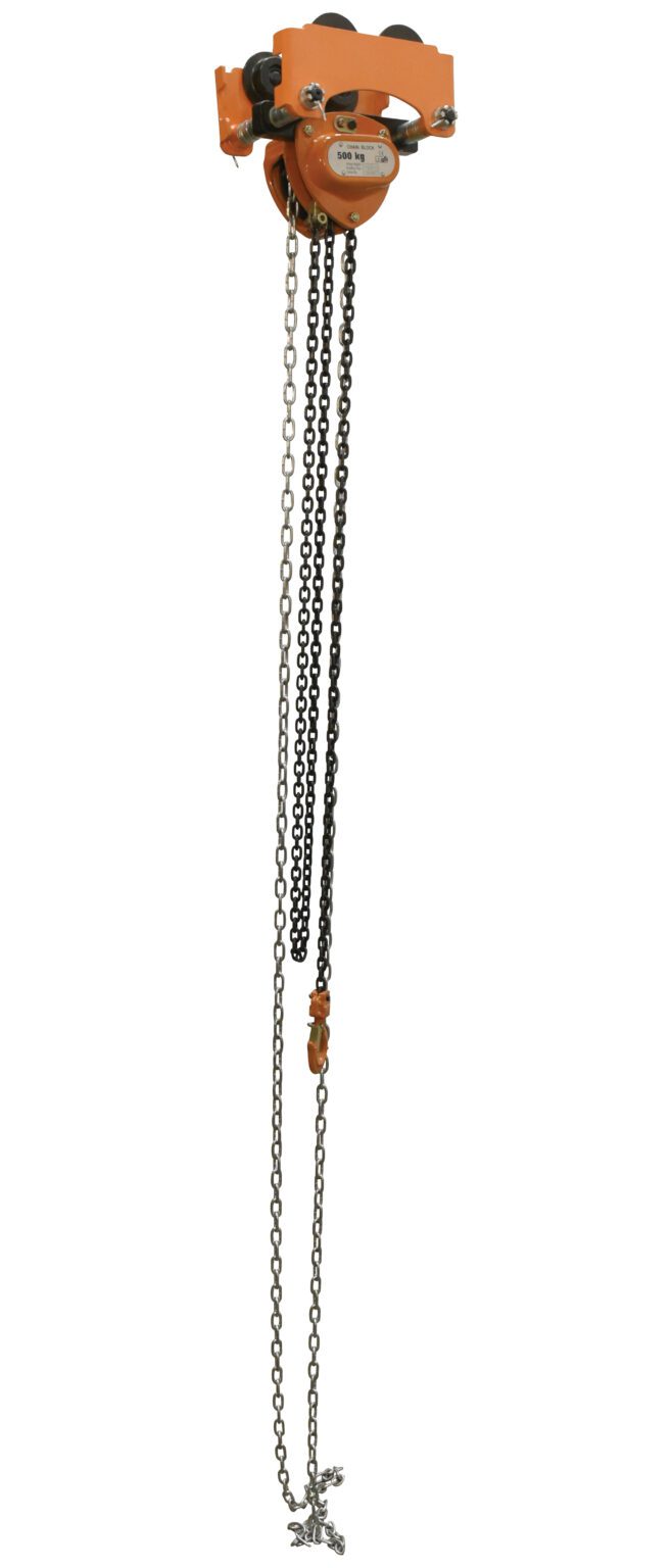 The Vestil Low Headroom Chain Hoist Trolley Push 1K is an orange manual hoist with black chains and a hook for lifting heavy items. Its push trolley configuration offers versatility in industrial or workshop settings, with durable chains suspended against a white background.