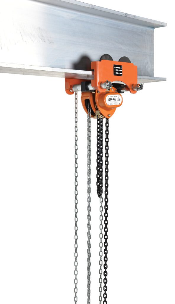 A 2000 kg orange Vestil Low Headroom Chain Hoist Trolley Gear hangs from an I-beam, using dual chains for lifting and operation, with a label showcasing its credentials for reliable overhead performance.