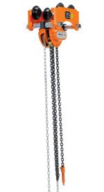 The Vestil Low Headroom Chain Hoist Trolley Push 2K is bright orange with two robust chains and an overhead push trolley, designed for heavy lifting up to 1000 kg, presented against a white backdrop.