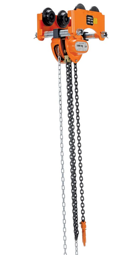 The Vestil Low Headroom Chain Hoist Trolley Push 2K is bright orange with two robust chains and an overhead push trolley, designed for heavy lifting up to 1000 kg, presented against a white backdrop.