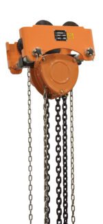The Vestil Low Headroom Chain Hoist Trolley Gear 4K, with its orange finish and black/silver chains, features sturdy metal construction and wheels designed for lifting heavy loads in workshops or industrial settings.