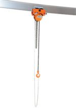 The Vestil Low Headroom Chain Hoist Trolley Push 4K, with an orange finish and chains from a metal beam, features a hook for lifting heavy objects. Its clean design and industrial edge make it ideal for efficient use in demanding environments.
