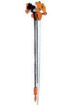 The Vestil Low Headroom Chain Hoist Trolley Push 6K features black and silver chains, an orange hook, and a geared trolley, making it ideal for lifting heavy loads with smooth movement along an overhead beam.