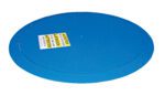 A round blue surface marked with a yellow and white caution label, resembling the 60-inch Vestil Pallet Trk Thin Spin Carousel. The multilingual label includes CAUTION and ATTENTION, advising against stepping on it.