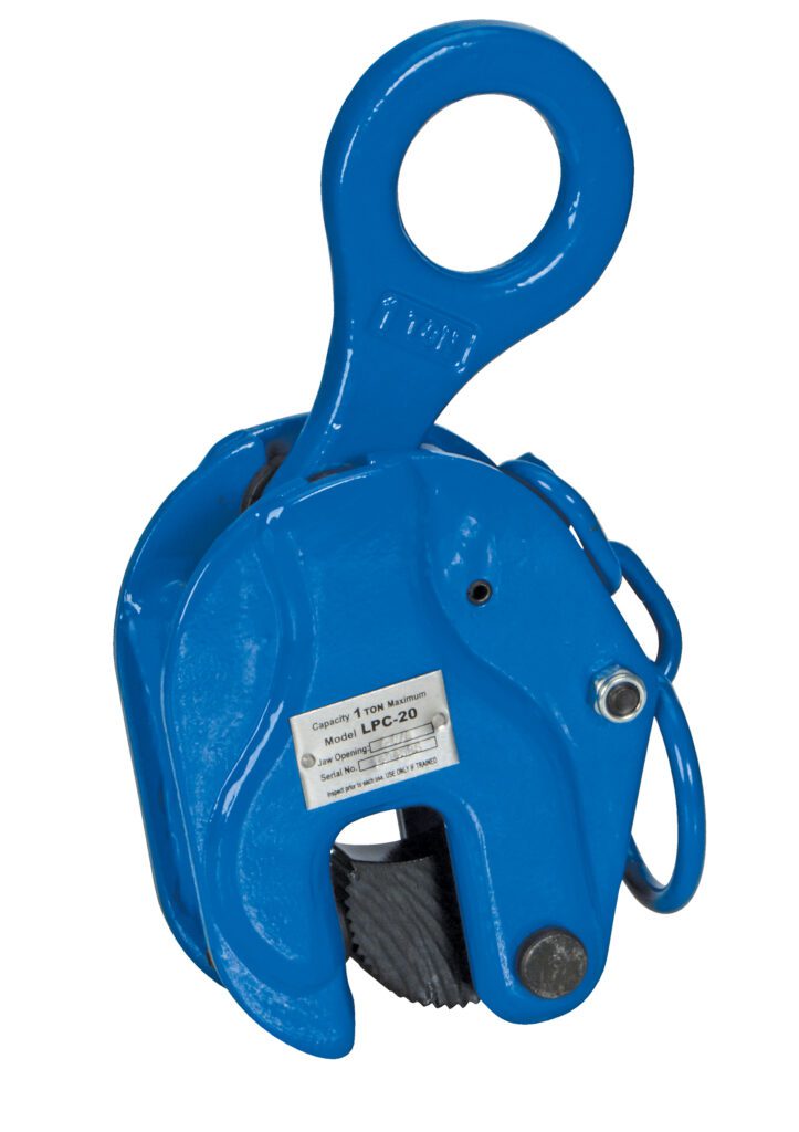 LPC-20_A.jpg The blue Vestil Vertical Positive Locking Plate Clamp 2K includes an attachment ring, model LPC-20 label, and a serrated grip mechanism for secure fastening.