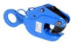 The sturdy blue Vestil Vertical Positive Locking Plate Clamp 4K features a hook-like loop, efficient gripping mechanism, and a visible label for easy identification.