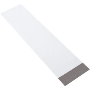 The MH-USA 8 1/2 x 33 Long Poly Mailers (100/Case) feature a long, transparent strip with a gray rectangle on one end, set diagonally against a white background for durability and style.