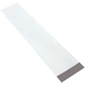 A long, white, rectangular envelope with a dark gray adhesive strip at the open end resembles the MH-USA 9 1/2 x 45 Long Poly Mailers. Displayed at an angle against a plain background, it highlights its length and flap.
