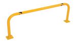 The yellow Vestil Low Profile Rack Guard 48X16.38X1.69 features black diagonal stripes and a U-shape design with two mounting plates at the base, allowing for easy installation as a metal safety barrier in industrial or commercial settings.