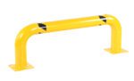 The Vestil Low Profile Rack Guard (48.63X16.94X4.5) is a yellow curved safety barrier with black diagonal stripes on both ends, featuring two flat base plates for secure mounting, ideal for protecting structures or equipment.
