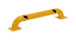 The Vestil Low Profile Rack Guard 48.63X8.94X4.5 features a yellow metal barrier with rounded ends and black diagonal stripes, mounted on flat plates with holes for secure installation, ensuring protection and durability.
