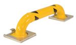 The Vestil Removable Low Profile Rack Guard 39.5X9 is a U-shaped, yellow barrier with black diagonal stripes on two metal bases, ideal for floor installation to enhance safety and guide vehicles.