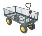The Vestil Landscape Cart With Fold Down Side 1K Lb is a sturdy green metal mesh cart with four large black wheels featuring yellow rims. It has a black handle for easy pulling, making it ideal for transporting gardening tools and supplies efficiently.