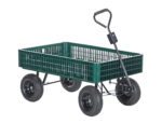 The Vestil Landscape Cart W/Plastic Crate features a metal frame with a lattice design, four black wheels, and a long handle for easy pulling, making it perfect for transporting items in outdoor or garden settings.