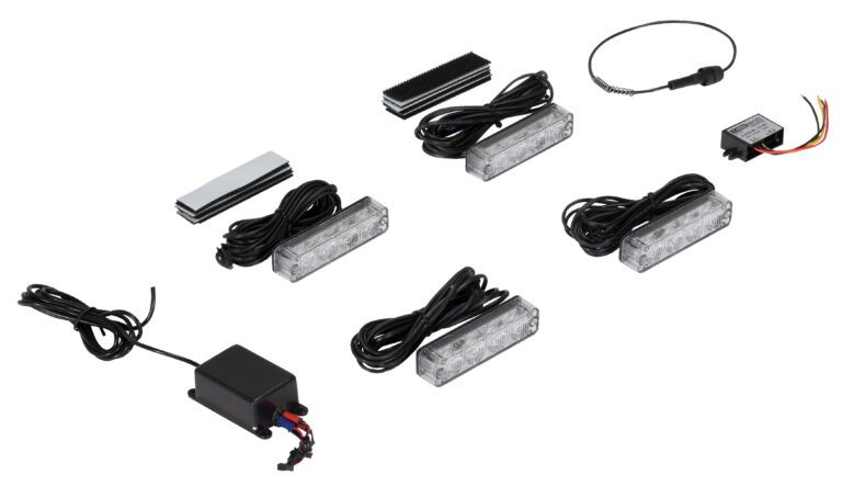 LT-LIGHT-4_A.jpg The Vestil LED Pedestrian Warning System set, features rectangular LED strips, a control box, wiring harnesses, and mounting accessories, all displayed on a white background.