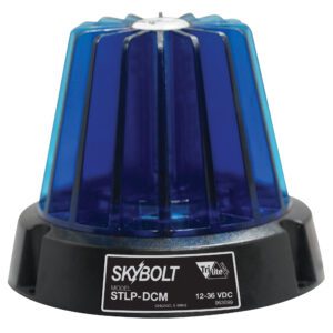The Vestil Light is a round 4 blue cylindrical LED strobe beacon with a black base labeled Skybolt STLP-DCM and operates on 12-36 VDC. It has vertical slots for enhanced visibility and features a magnet mount.