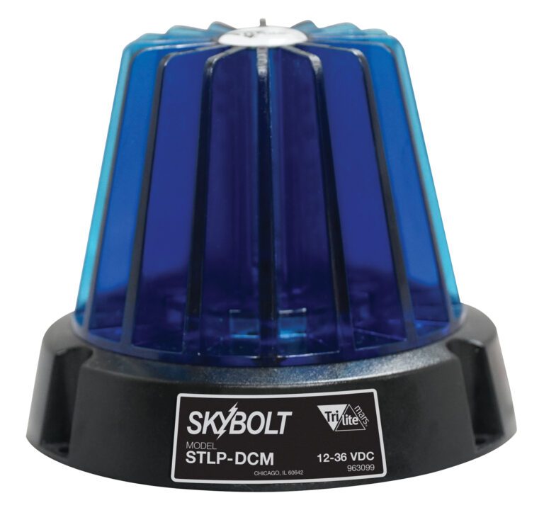 The Vestil Light is a round 4 blue cylindrical LED strobe beacon with a black base labeled Skybolt STLP-DCM and operates on 12-36 VDC. It has vertical slots for enhanced visibility and features a magnet mount.