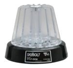 The Vestil Light, a round 4 high magnet-mounted warning beacon with a clear dome, features model details and voltage specs on its base to ensure flash safety during use.