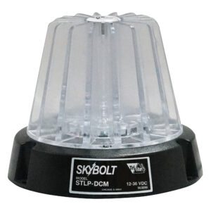 The Vestil Light, a round 4 high magnet-mounted warning beacon with a clear dome, features model details and voltage specs on its base to ensure flash safety during use.