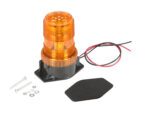 The Vestil Round Flashing Amber Light includes an amber LED strobe, sleek black base, red/black wires, two screws, nuts, washers, and a rectangular black mounting pad for easy installation.