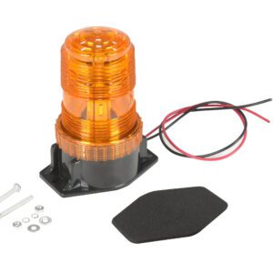The Vestil Round Flashing Amber Light includes an amber LED strobe, sleek black base, red/black wires, two screws, nuts, washers, and a rectangular black mounting pad for easy installation.