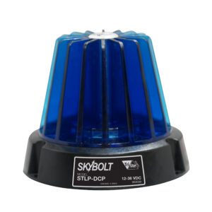 The Vestil Light, Round 4 Dome offers a stylish blue design with a sleek black base. Designed for DC voltage, it features a manufacturers label and ensures safety similar to the Blue Skybolt model STLP-DCP dome light.