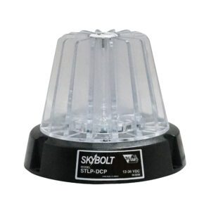 The Vestil Light, a clear round 4 dome with a black base, marked Skybolt, Tri-lite, and model STLP-DCP, is designed for dynamic environments and operates at 12-36 VDC, hinting at industrial or emergency use.