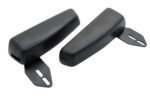 Two black car bumper guards, each with two-slot metal brackets for attachment, have angled edges. Their textured surface reflects the durability of a Vestil Truck Seat Option - Flip Up Arm Rests. They sit parallel to each other, one slightly tilted.
