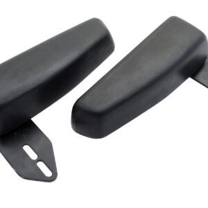 Two black car bumper guards, each with two-slot metal brackets for attachment, have angled edges. Their textured surface reflects the durability of a Vestil Truck Seat Option - Flip Up Arm Rests. They sit parallel to each other, one slightly tilted.