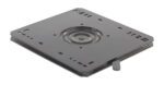 A sleek, square metal swivel plate with slots and holes sits elegantly on a white background. It has a central circular indentation and lever, making it perfect for the Vestil Truck Seat Option - Swivel Platform.