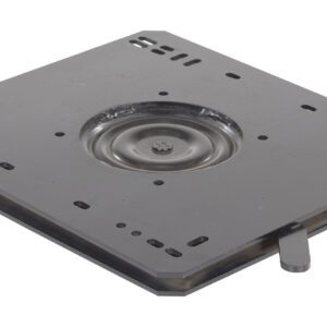 A sleek, square metal swivel plate with slots and holes sits elegantly on a white background. It has a central circular indentation and lever, making it perfect for the Vestil Truck Seat Option - Swivel Platform.
