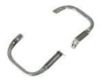 Two shiny metal pipes with flanges, resembling the design precision of the Vestil Truck Seat Option - Hip Restraints, are parallel against a plain white backdrop. Each features a curved end and a rectangular mounting plate with screw holes.