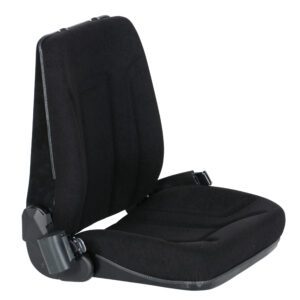 A black Vestil Deluxe Forklift Cloth Seat W/Seat Belt is shown, featuring a high backrest and seatbelt attachments. The fabric-upholstered seat is slightly angled to showcase the cushion and backrest.