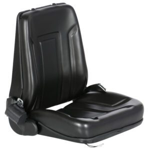 A black, padded, foldable lawn mower seat with a high backrest and simple stitching details, much like the Vestil Deluxe Forklift Vinyl Seat W/Seat Belt. It includes side brackets and a bottom latch mechanism for attachment, featuring a smooth, slightly glossy finish.