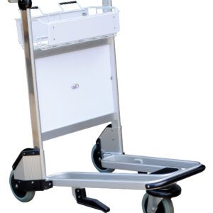 The Vestil Multi-Use Cart W/Brakes Nestable 550 Lb features a sturdy metal frame, two large rear wheels, two smaller front wheels, a wire basket near the handle, and a lower luggage platform with an orange grip for easy maneuvering. It supports up to 550 lbs and is nestable for convenient storage.
