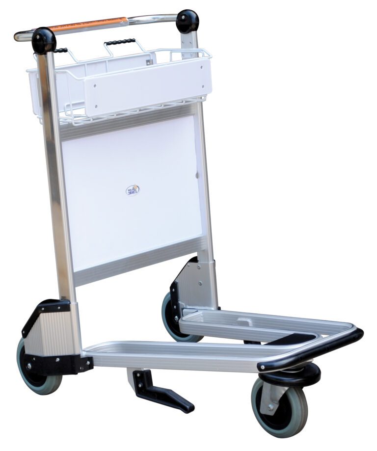 The Vestil Multi-Use Cart W/Brakes Nestable 550 Lb features a sturdy metal frame, two large rear wheels, two smaller front wheels, a wire basket near the handle, and a lower luggage platform with an orange grip for easy maneuvering. It supports up to 550 lbs and is nestable for convenient storage.