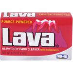 Lava® Bar Soap (24/Case) is a heavy-duty hand cleaner with a red and white design. Featuring pumice-powered cleaning, the packaging includes a volcano illustration. Each 5.75 oz (163g) bar is crafted by the WD-40 Company.