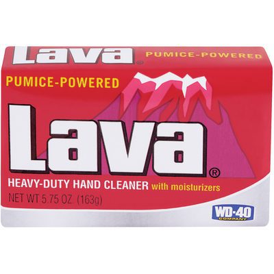 LVBAR.jpg Lava® Bar Soap (24/Case) is a heavy-duty hand cleaner with a red and white design. Featuring pumice-powered cleaning, the packaging includes a volcano illustration. Each 5.75 oz (163g) bar is crafted by the WD-40 Company.