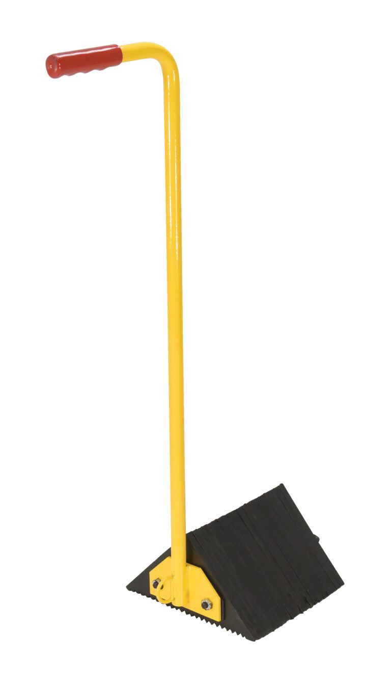LWC-14M-ERGO_A.jpg With its yellow metal body, red handle, and flat black wedge base, this tool mirrors the ergonomic design of a Vestil Laminated Rubber Wheel Chock Ergo Hndl—ideal for effortless wedging or lifting.